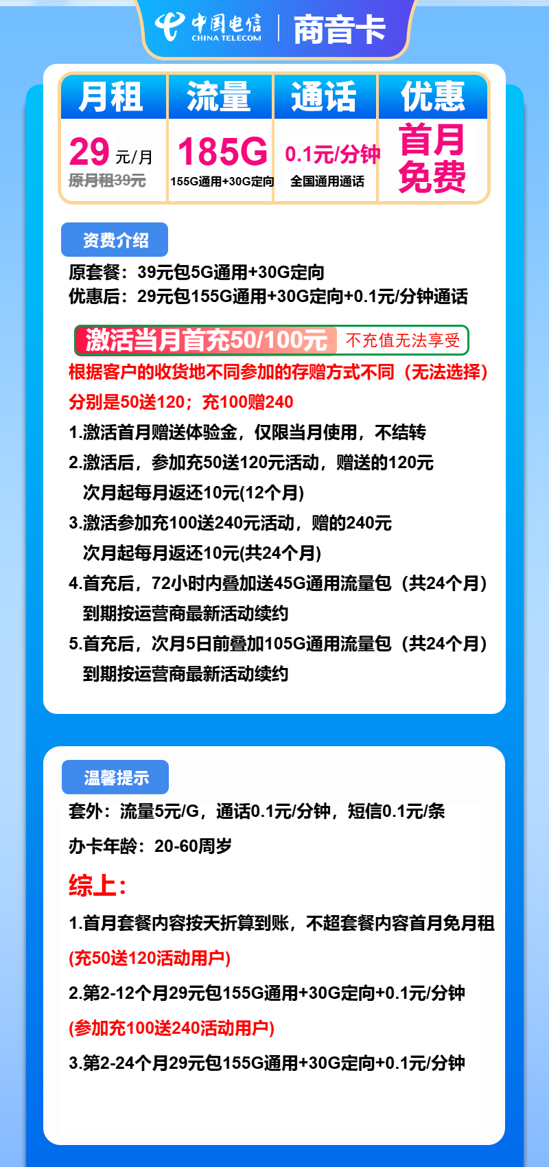 电信商音卡29元包155G通用+30G定向+通话0.1元/分钟