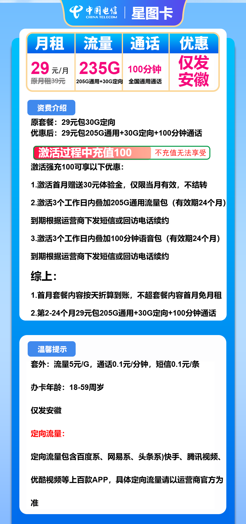 电信星图卡29元包205G通用+30G定向+100分钟