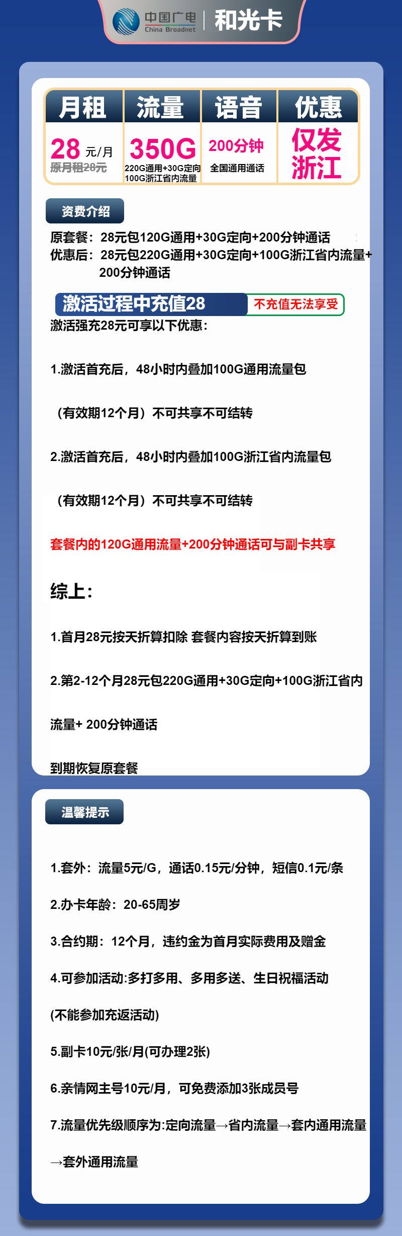 广电和光卡28元包320G通用+30G定向+200分钟