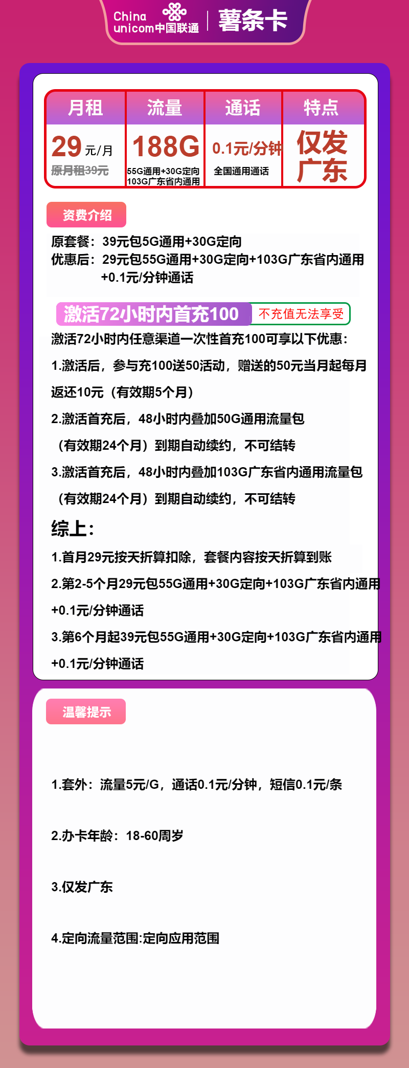 联通薯条卡29元包158G通用+30G定向+通话0.1元/分钟