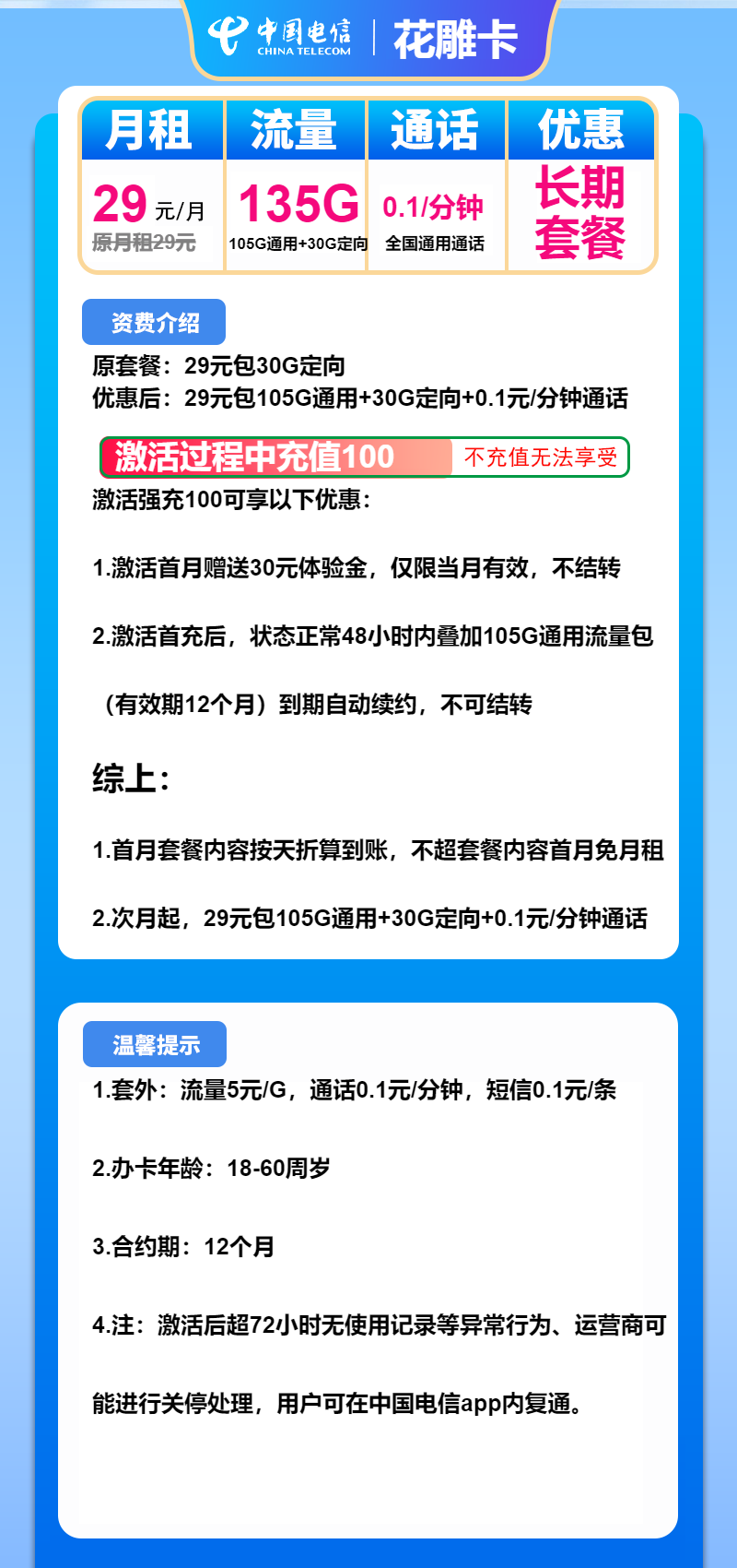 电信花雕卡29元包105G通用+30G定向+通话0.1元/分钟