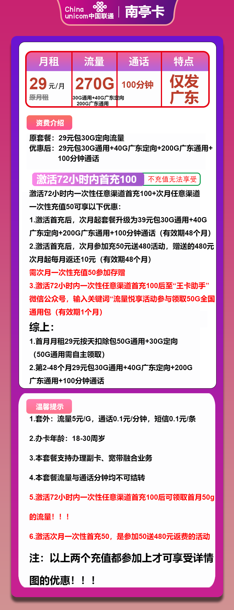 联通南亭卡29元包230G通用+40G定向+100分钟