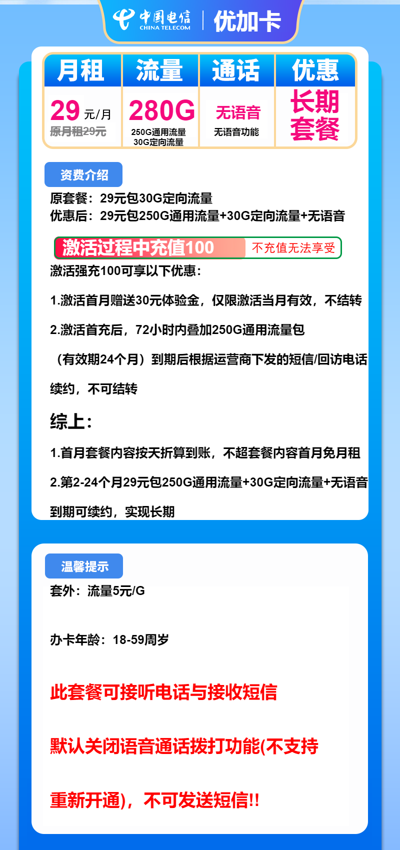 电信优加卡29元包250G通用+30G定向+无语音功能