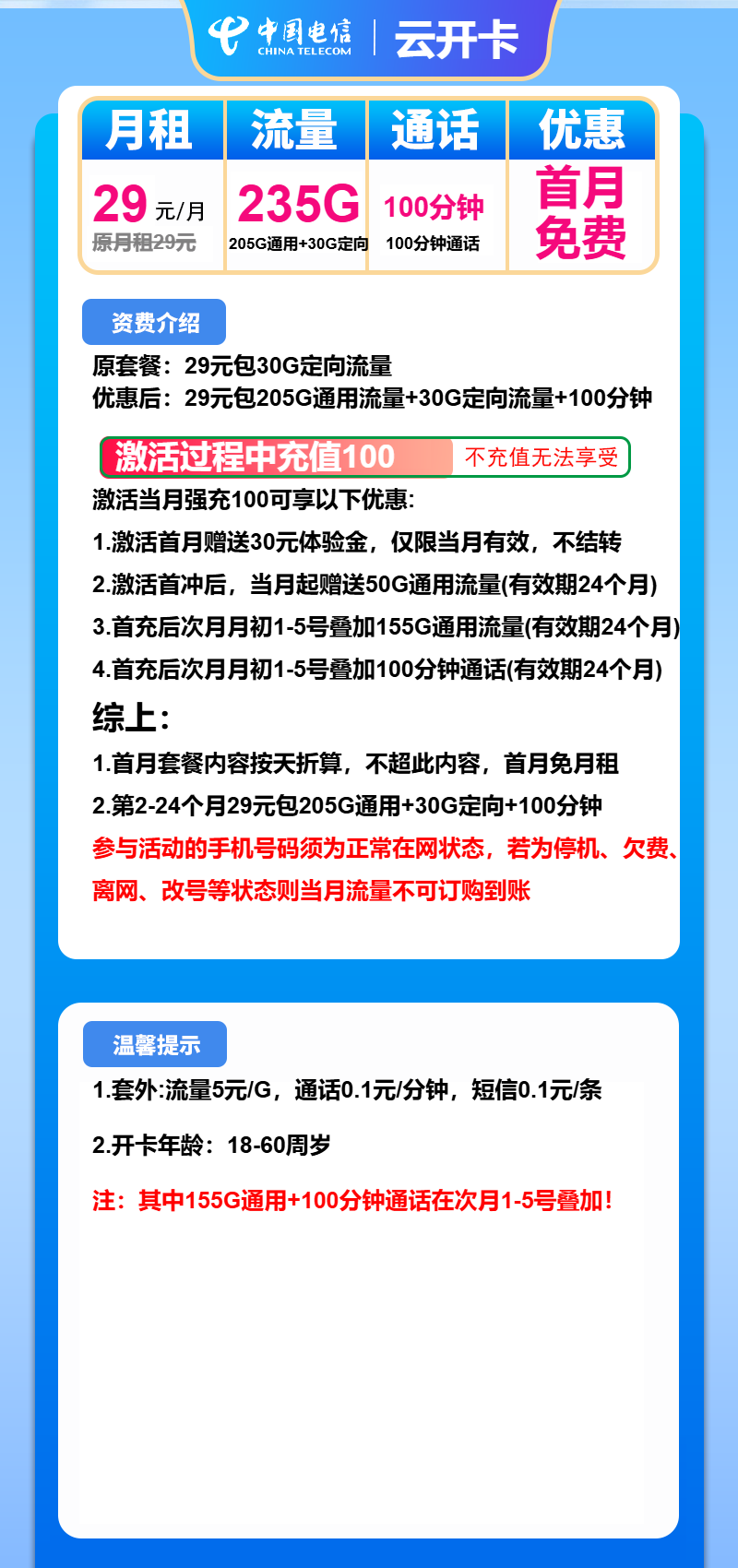电信云开卡29元包205G通用+30G定向+100分钟