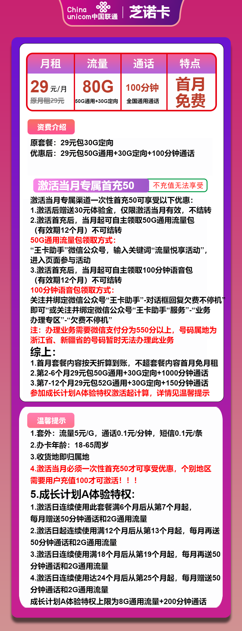 联通芝诺卡29元包50G通用+30G定向+100分钟