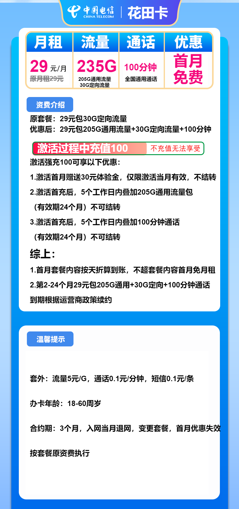 电信花田卡29元包205G通用+30G定向+100分钟