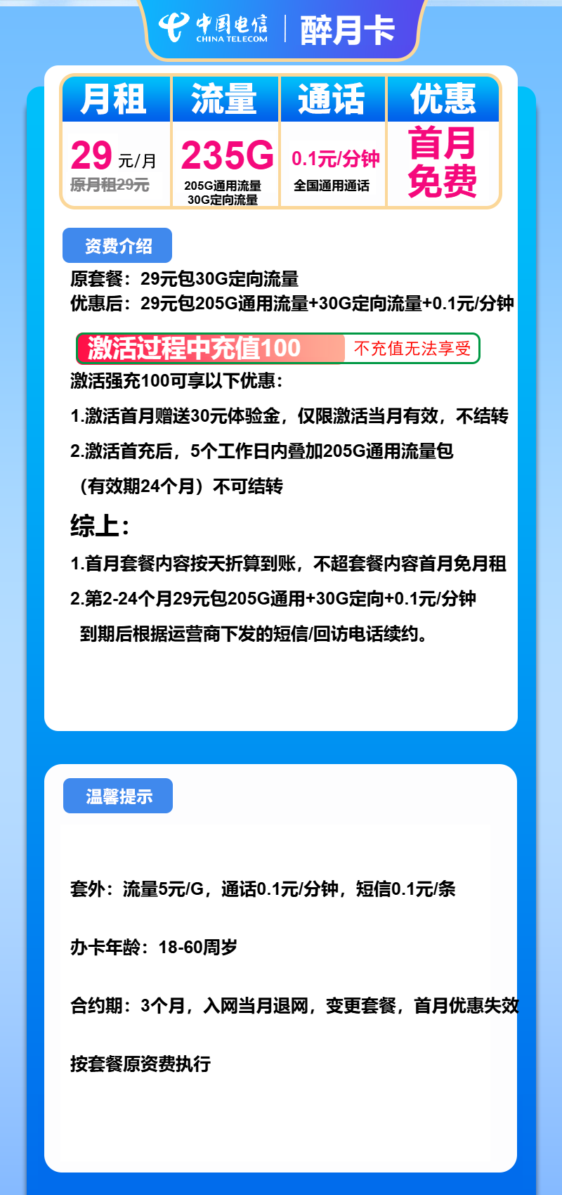 电信醉月卡29元包205G通用+30G定向+通话0.1元/分钟