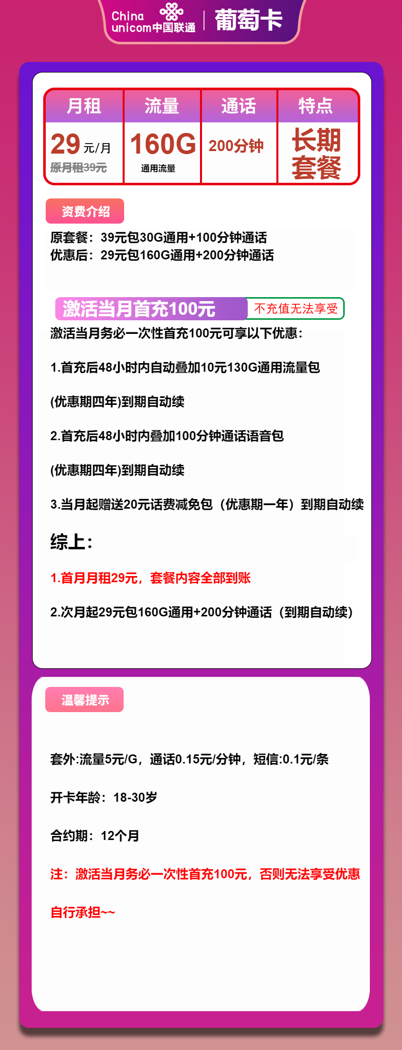联通葡萄卡29元包160G通用+200分钟