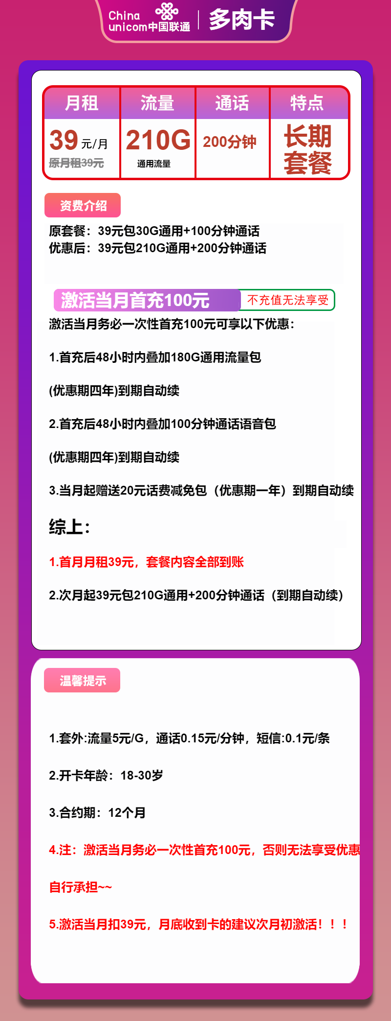 联通多肉卡39元包210G通用+200分钟
