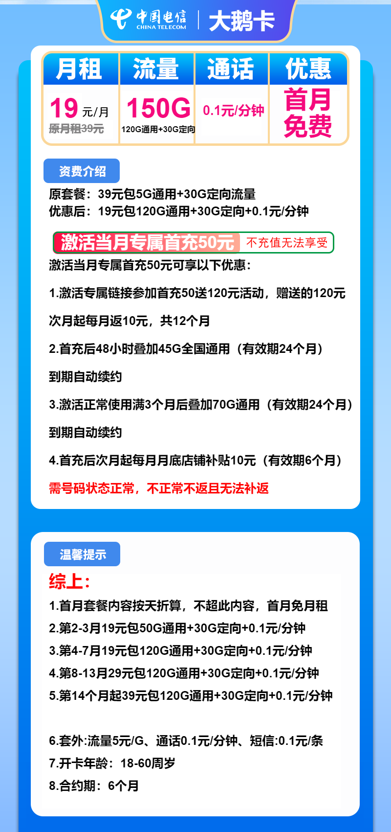 电信大鹅卡19元包120G通用+30G定向+通话0.1元/分钟