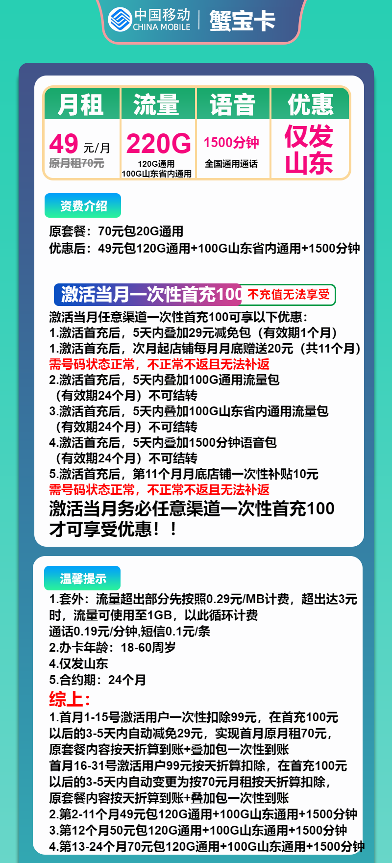 移动蟹宝卡49元包120G通用+100G山东通用+1500分钟