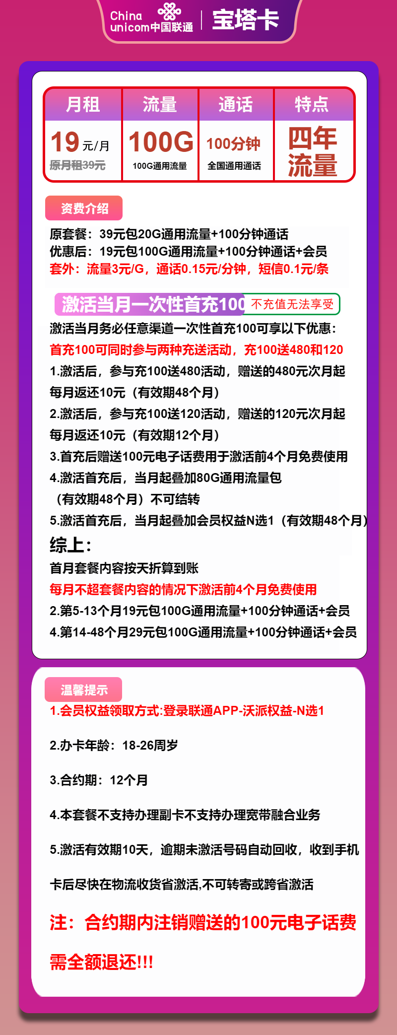联通宝塔卡19元包100G通用+100分钟