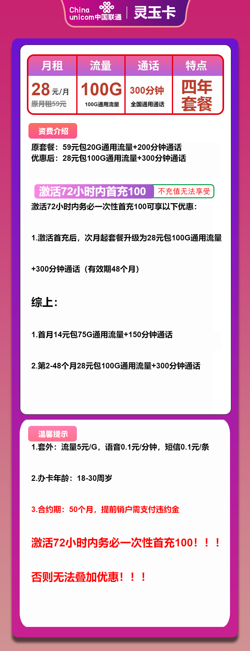 联通灵玉卡28元包100G通用+300分钟