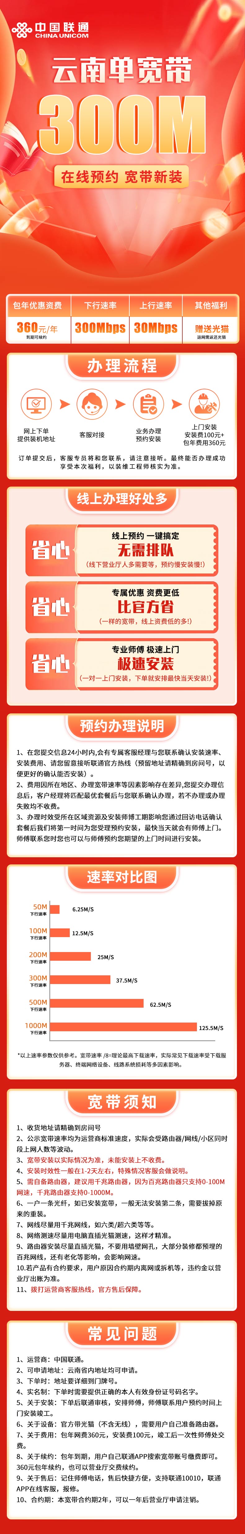 云南联通360元包年300M单宽带