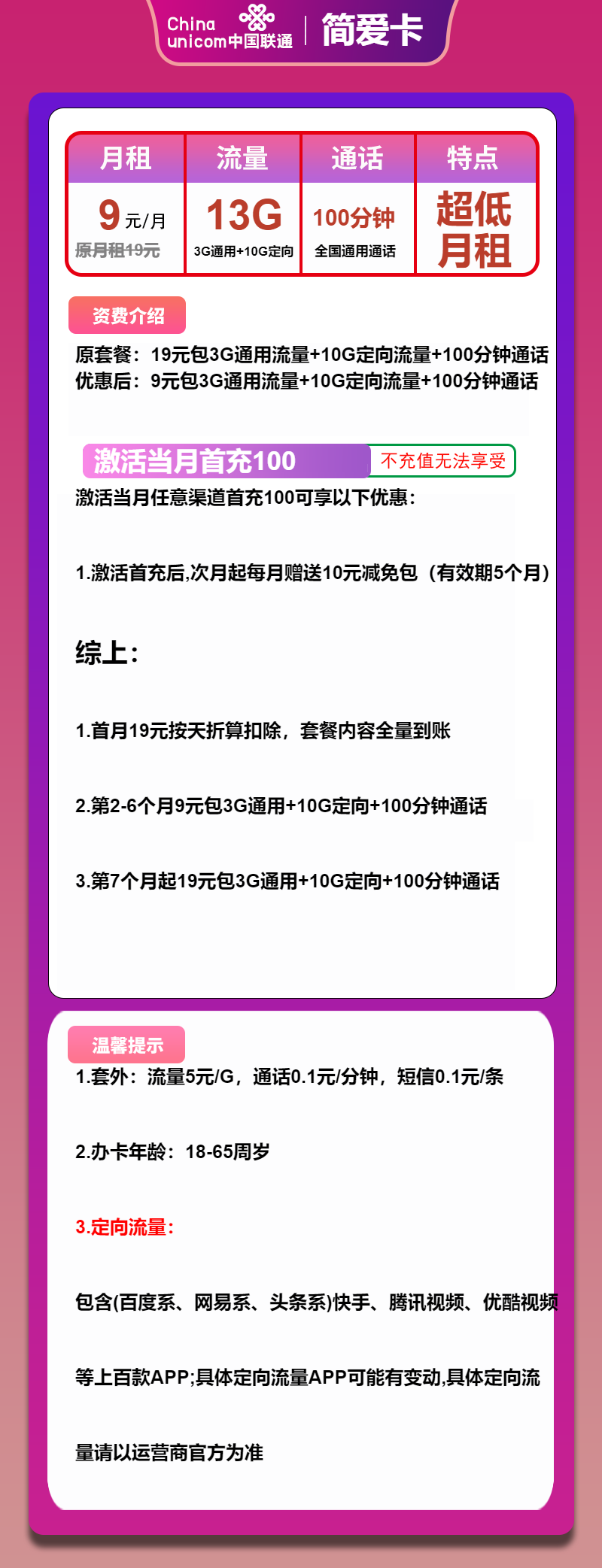 联通简爱卡9元包3G通用+10G定向+100分钟