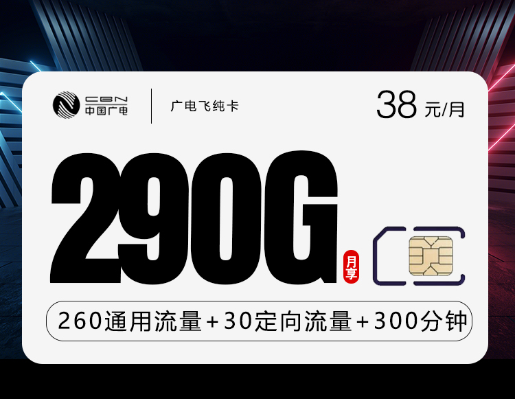 广电飞纯卡 38元290G+300分钟
