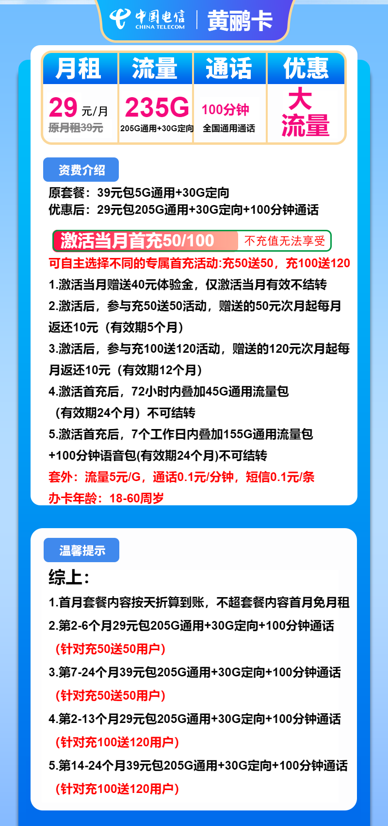 电信黄鹂卡29元包205G通用+30G定向+100分钟