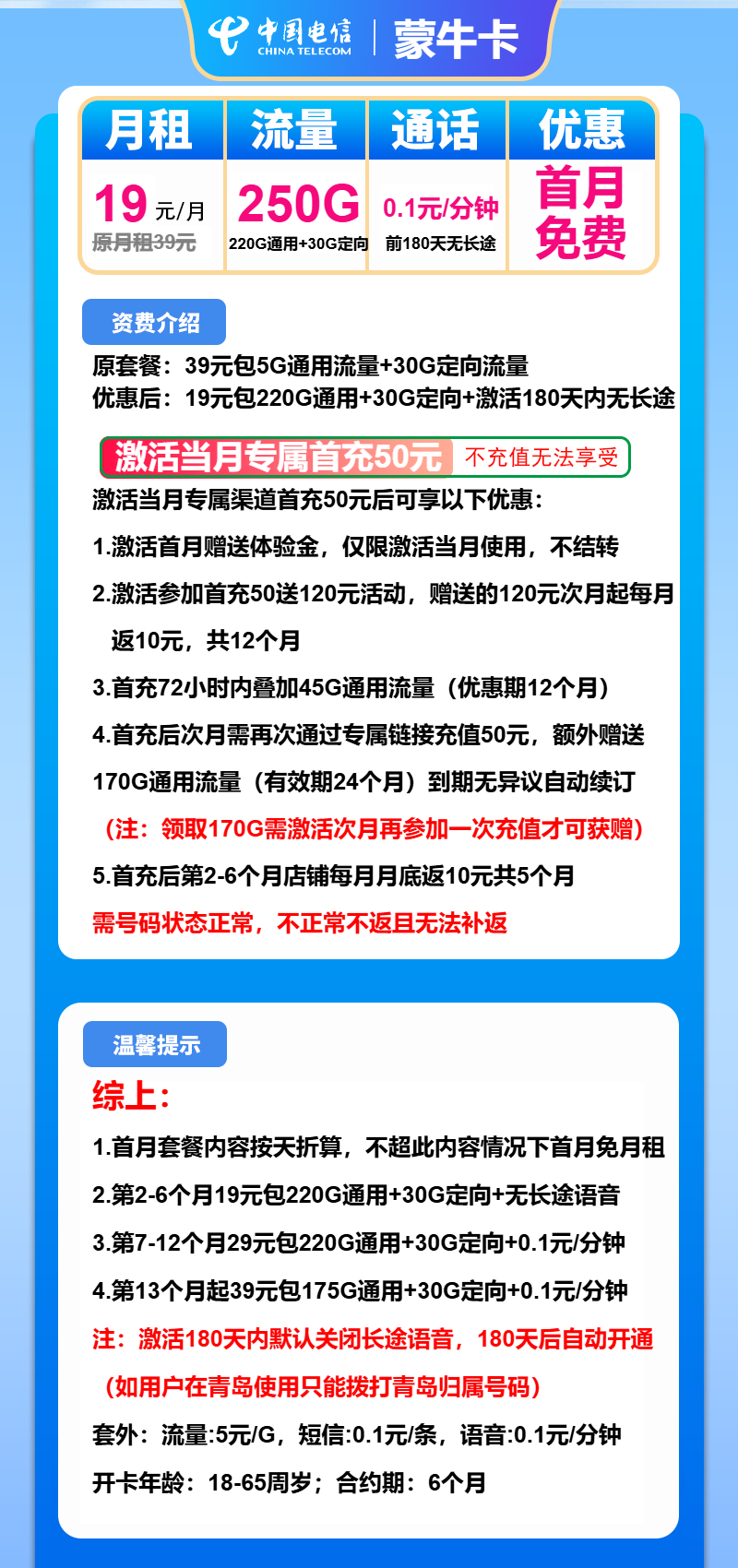 电信蒙牛卡19元包220G通用+30G定向+通话0.1元/分钟