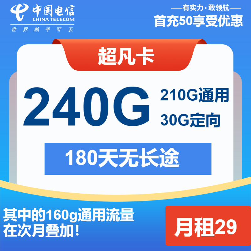电信超凡卡29元包210G通用+30G定向+通话0.1元/分钟