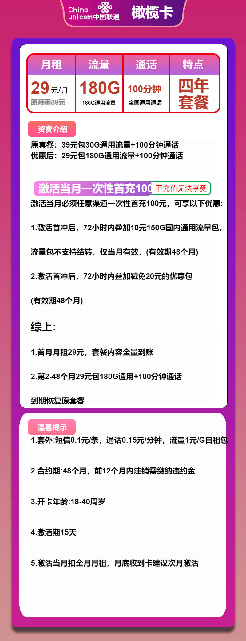 联通橄榄卡29元包180G通用+100分钟