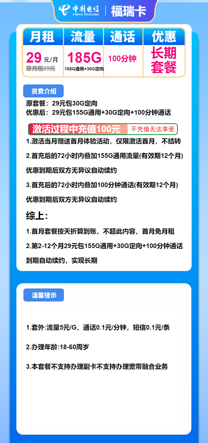 电信福瑞卡29元包155G通用+30G定向+100分钟