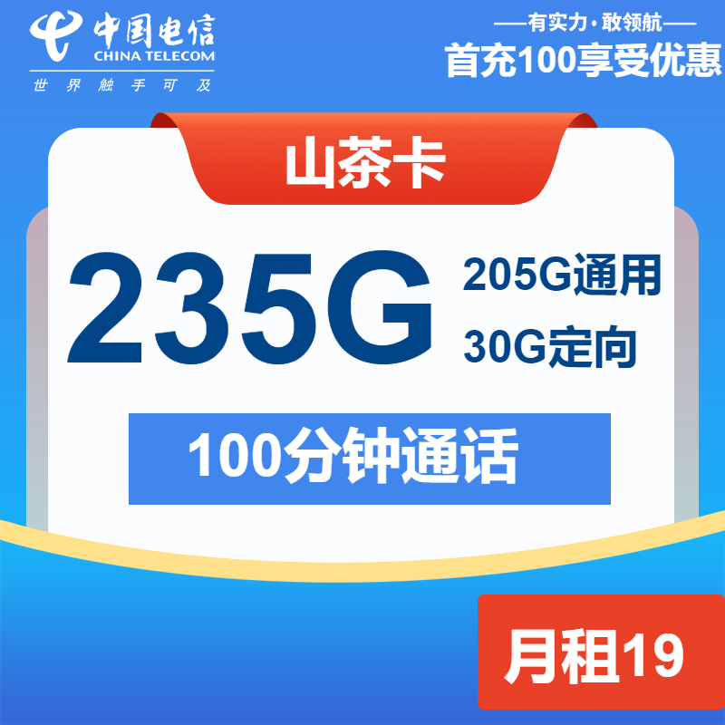 电信山茶卡19元包205G通用+30G定向+100分钟