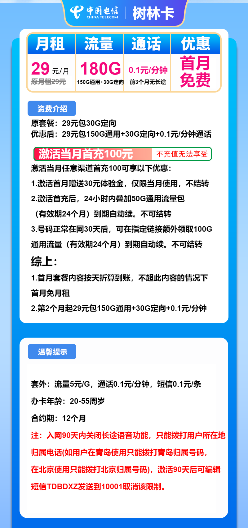 电信树林卡29元包150G通用+30G定向+通话0.1元/分钟