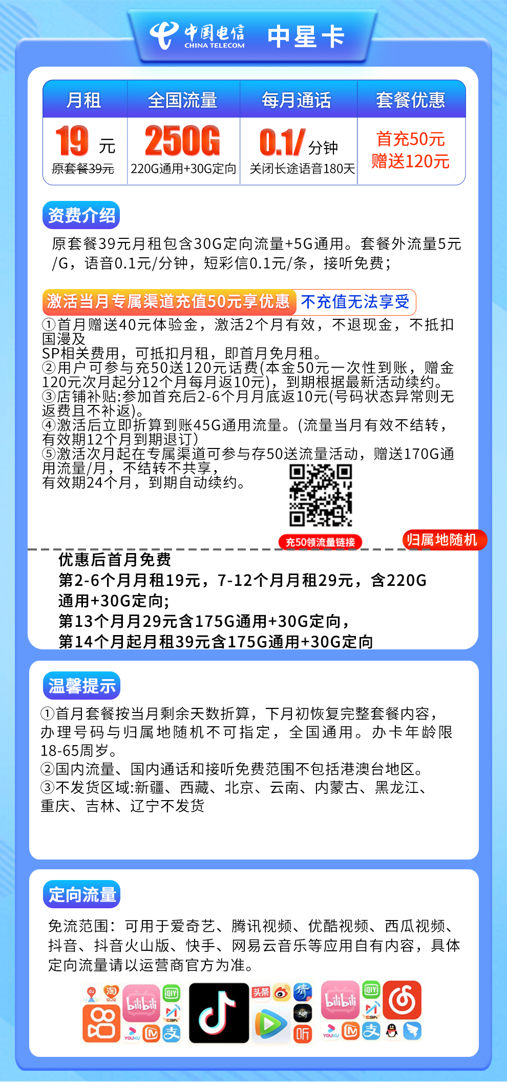 G1电信中星卡19元250G