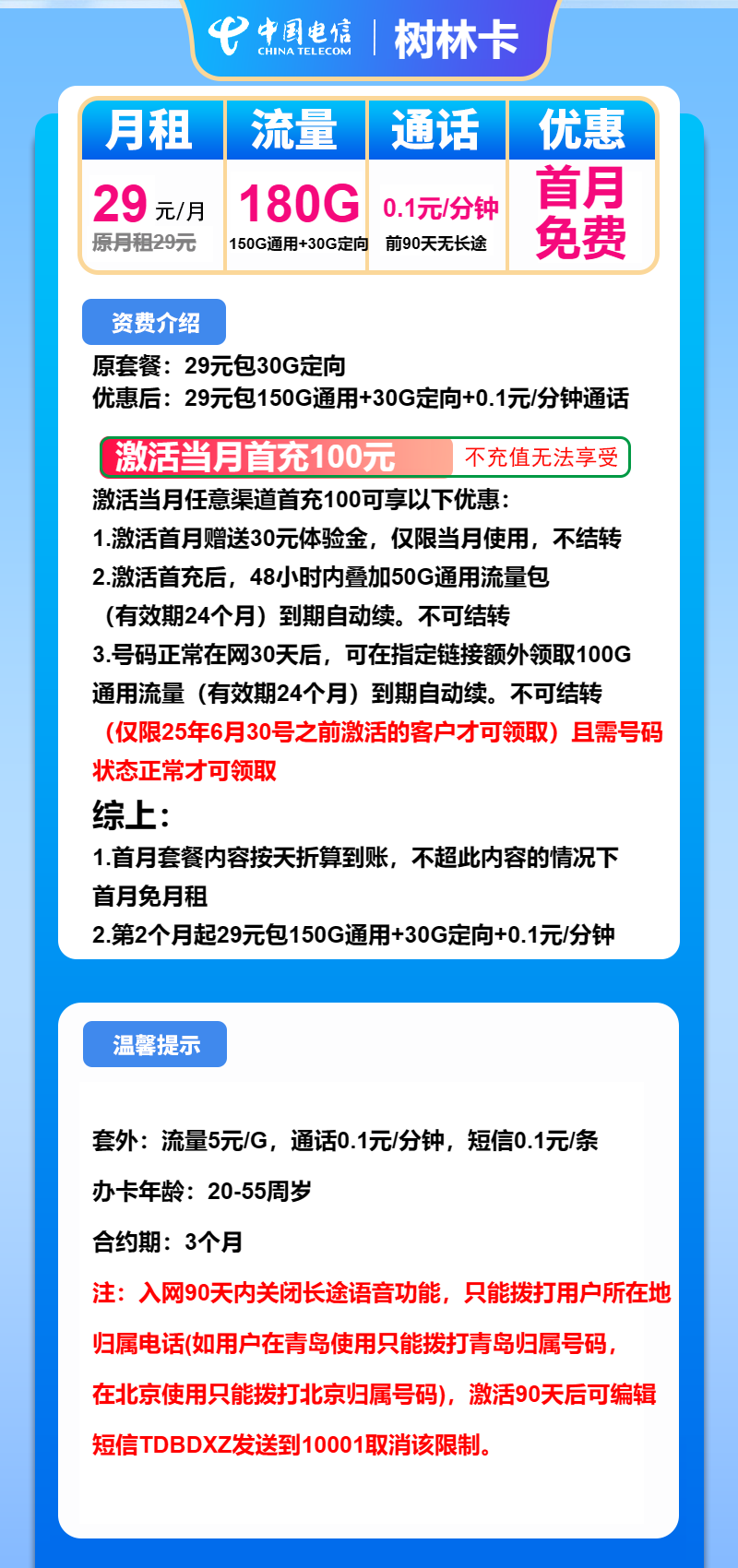 电信树林卡29元包150G通用+30G定向+通话0.1元/分钟