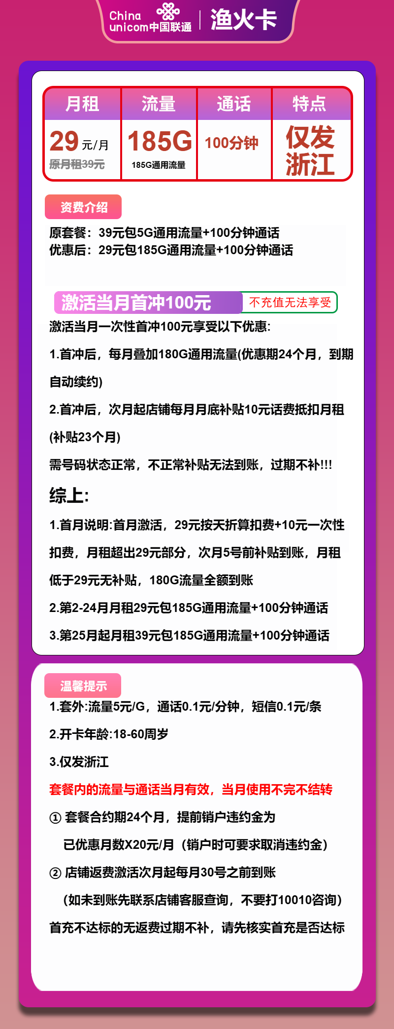 联通渔火卡29元包185G通用+100分钟通话