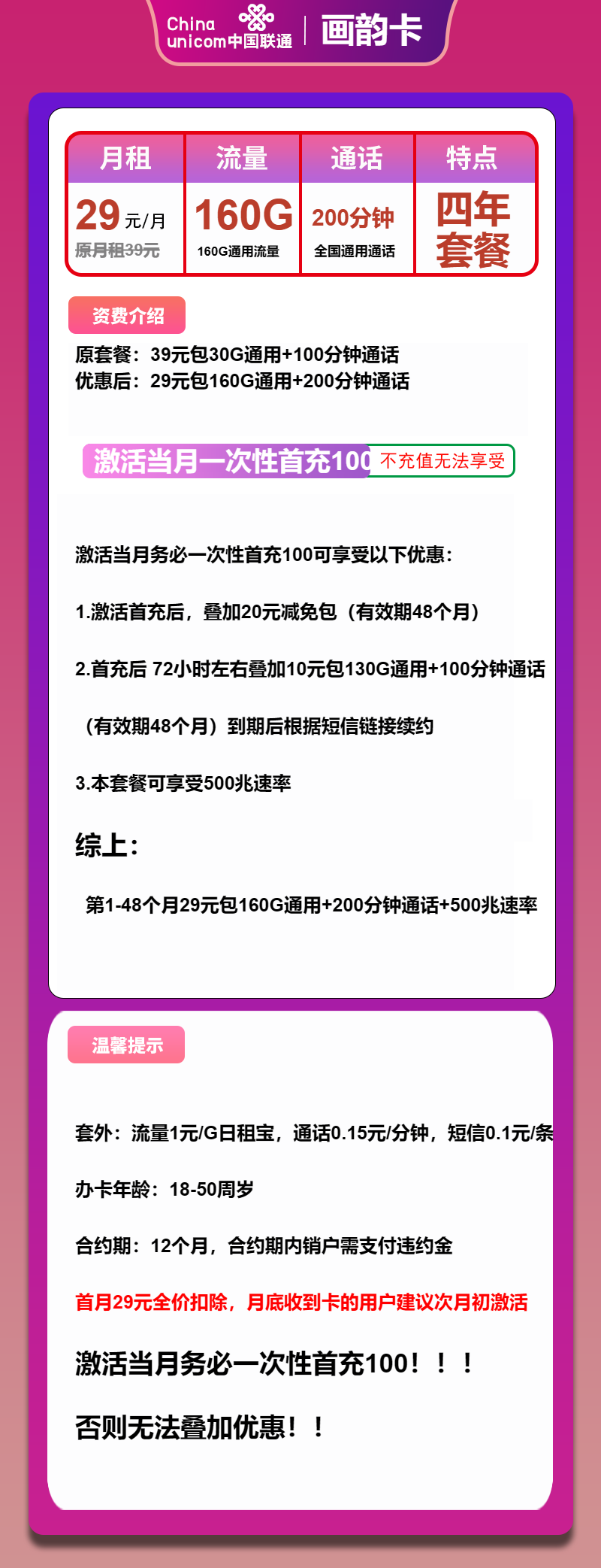联通画韵卡29元包160G通用+200分钟