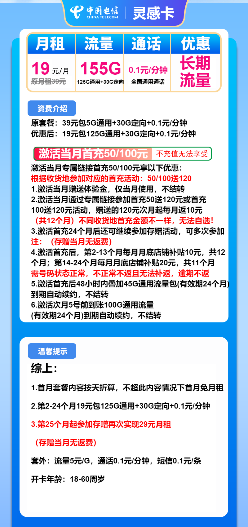 电信灵感卡19元包125G通用+30G定向+通话0.1元/分钟