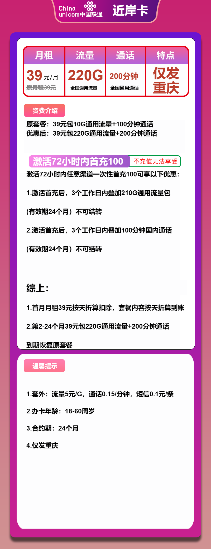 联通近岸卡39元包199G通用+100分钟