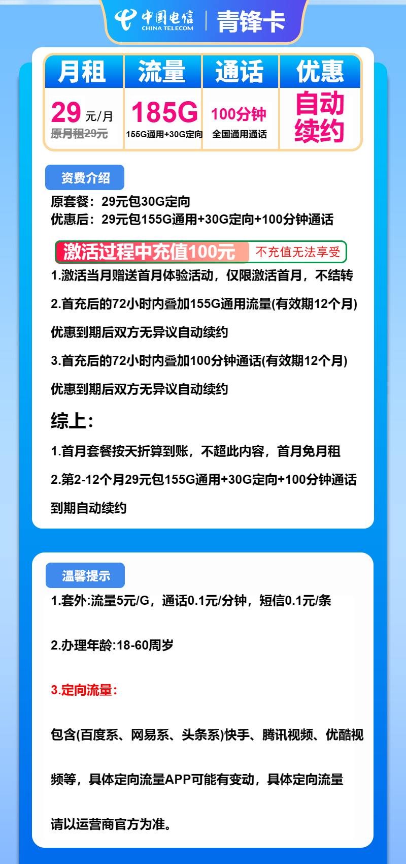 电信青峰卡29元包155G通用+30G定向+100分钟