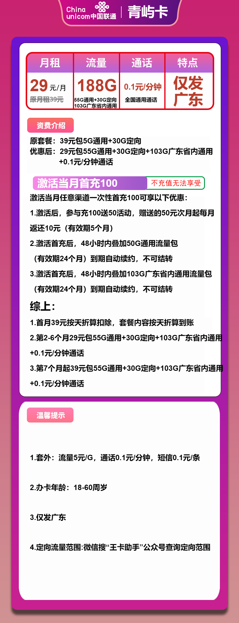 联通青屿卡29元包55G通用+103G广东通用+30G定向+通话0.1元/分钟