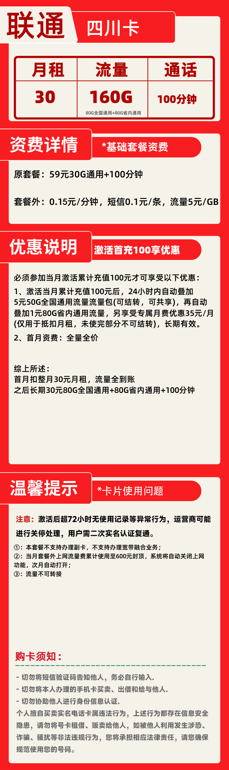 联通四川卡30元160G+100分钟
