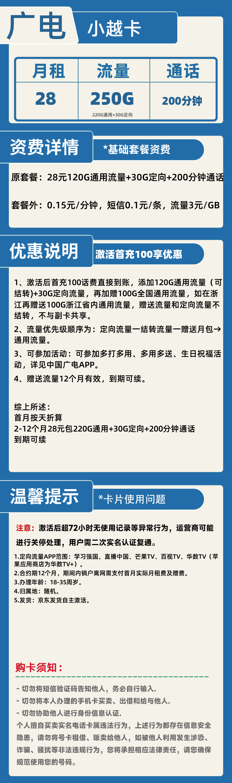 广电小越卡28元250G+200分钟