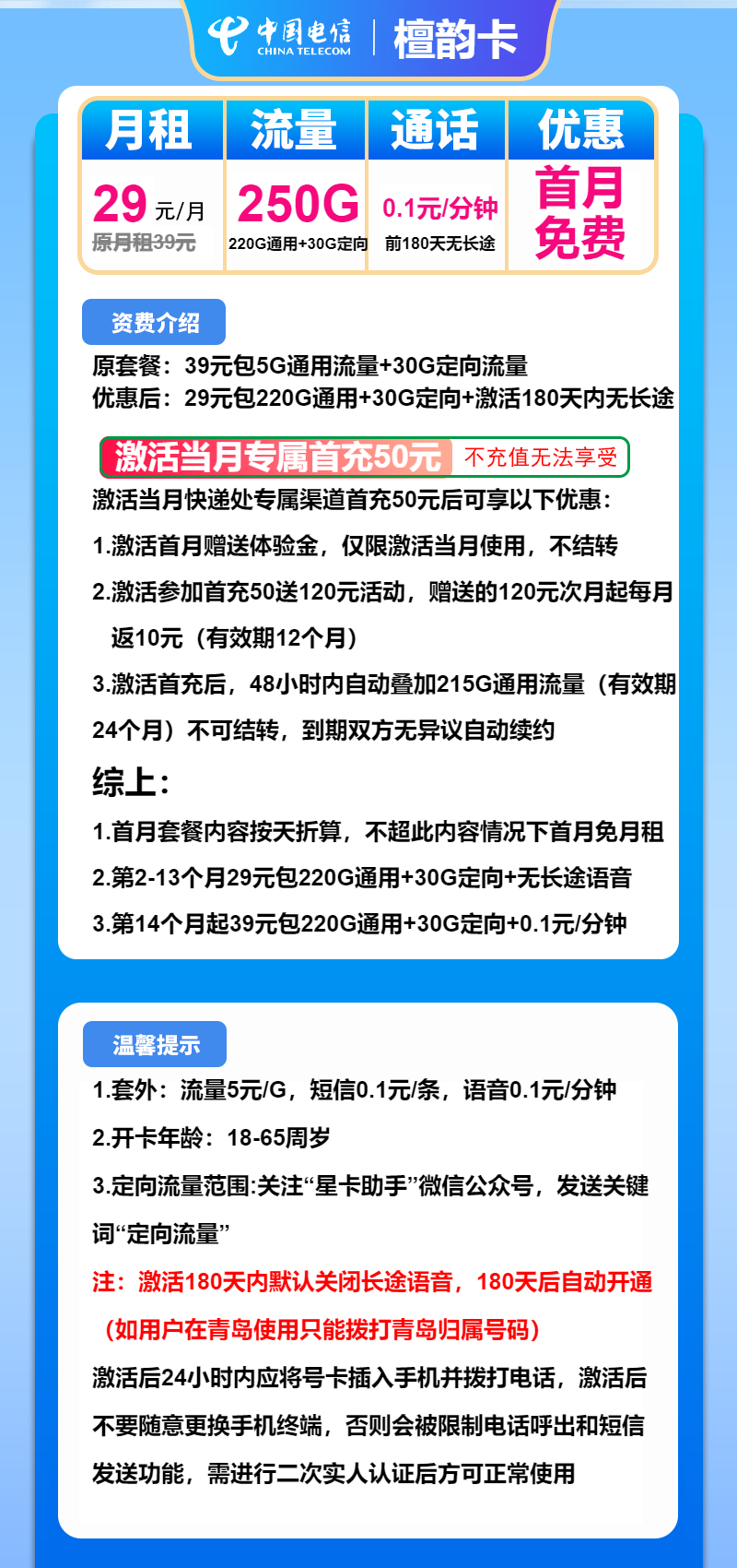 电信檀韵卡29元包220G通用+30G定向+通话0.1元/分钟