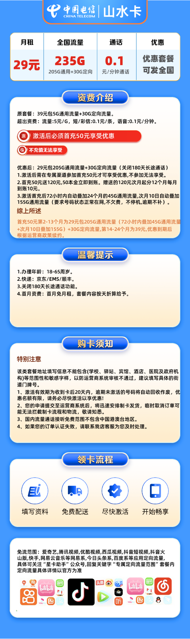 电信山水卡29元205G通用+30G定向