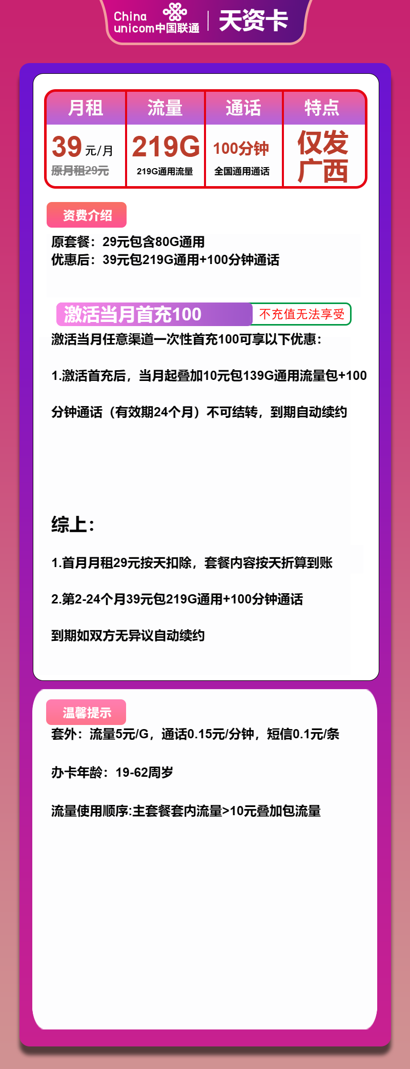 联通天资卡39元包219G通用+100分钟