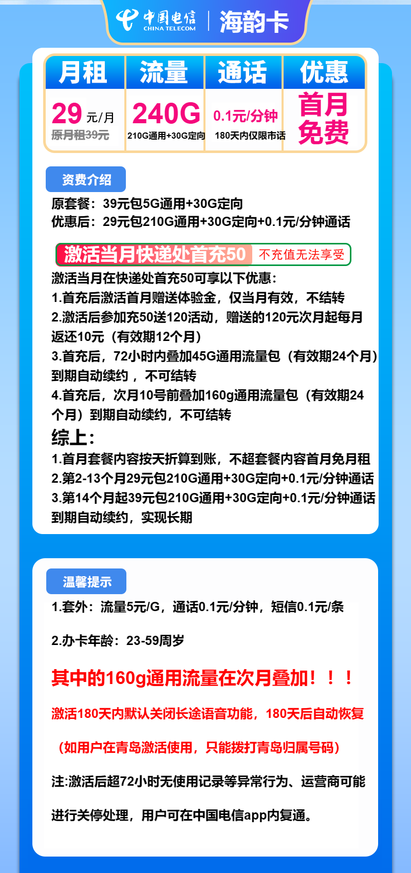 电信海韵卡29元包210G通用+30G定向+通话0.1元/分钟