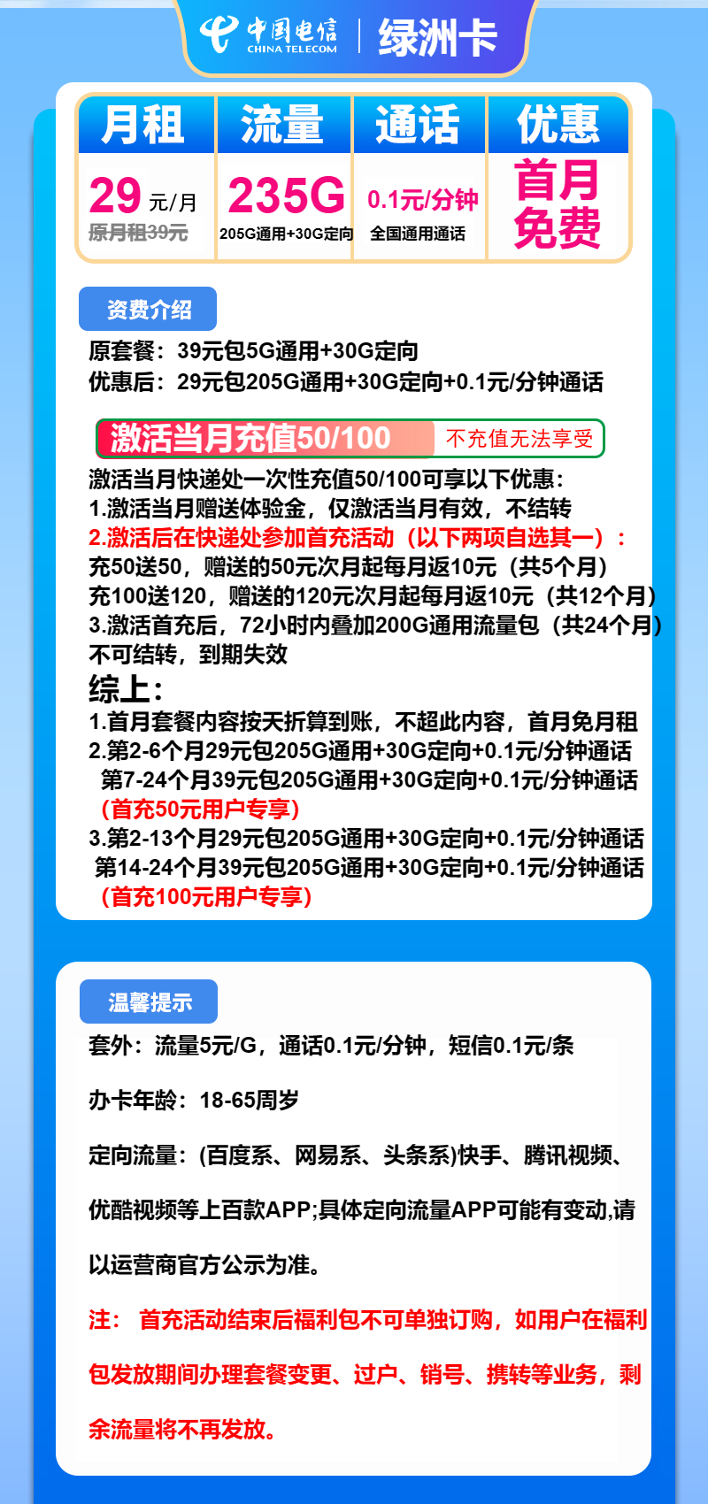 电信绿洲卡29元包205G通用+30G定向+通话0.1元/分钟