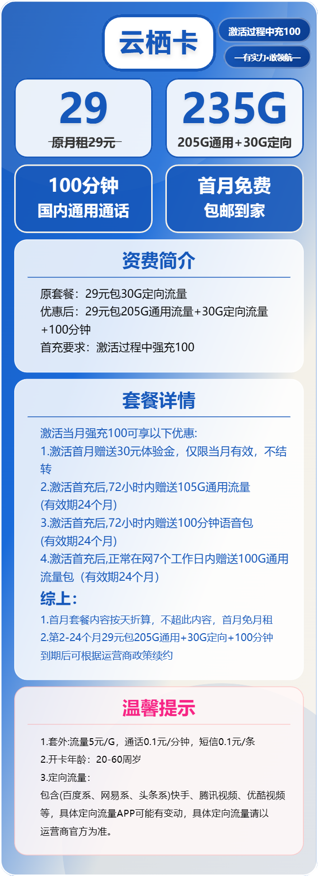电信云栖卡29元包205G通用+30G定向+100分钟通话