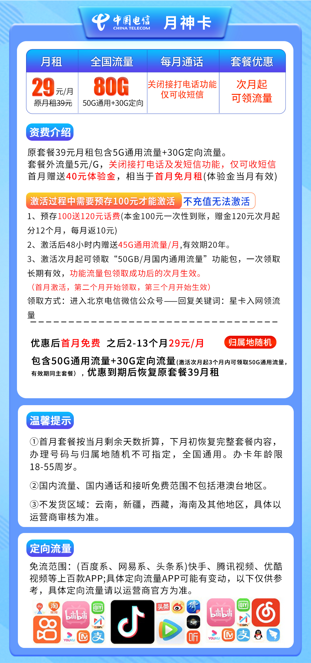 N电信月神卡29元80G全国流量【关闭通话】【发全国】