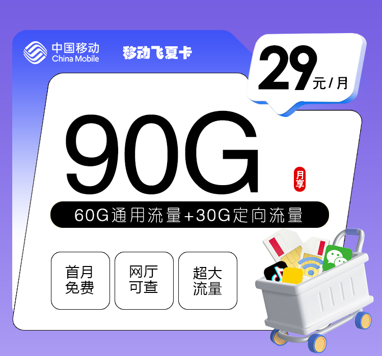 移动飞夏卡四年29元90G+100分钟