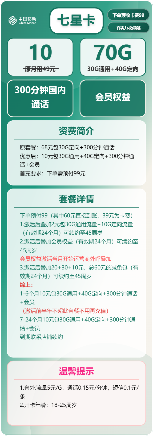 移动七星卡10元包30G通用+40G定向+300分钟+会员