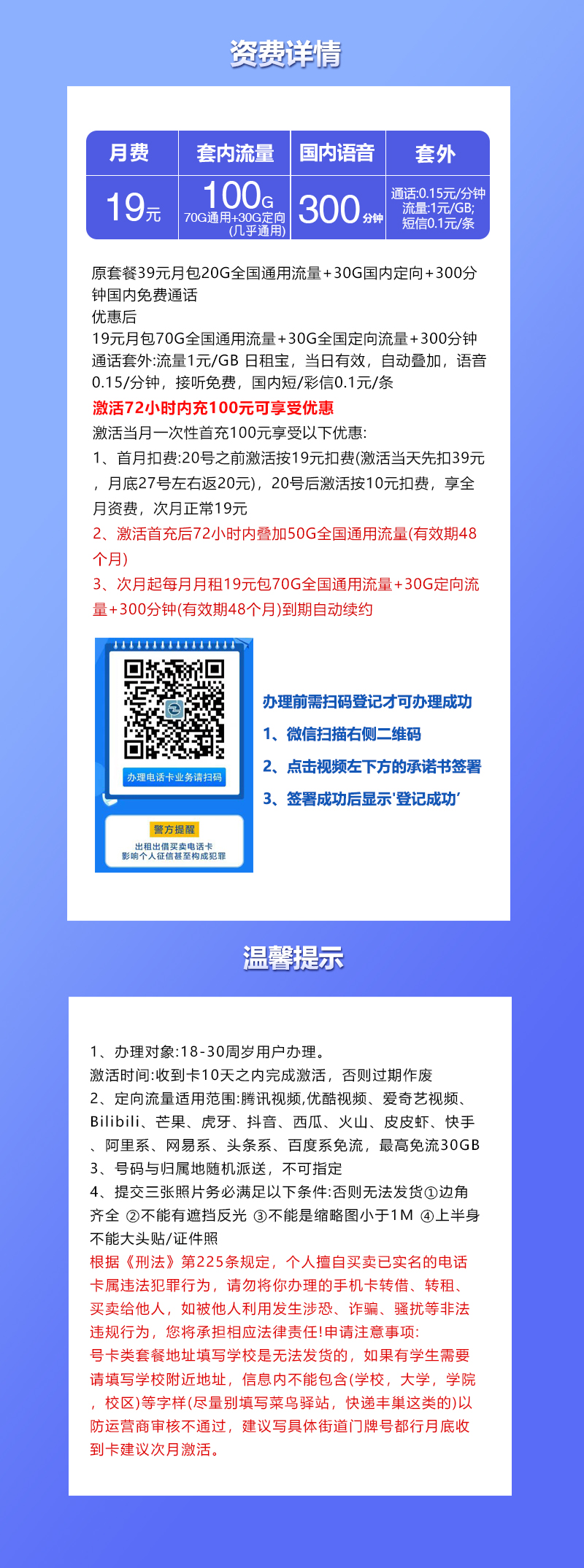 联通飞叶卡长期19元100G+300分钟