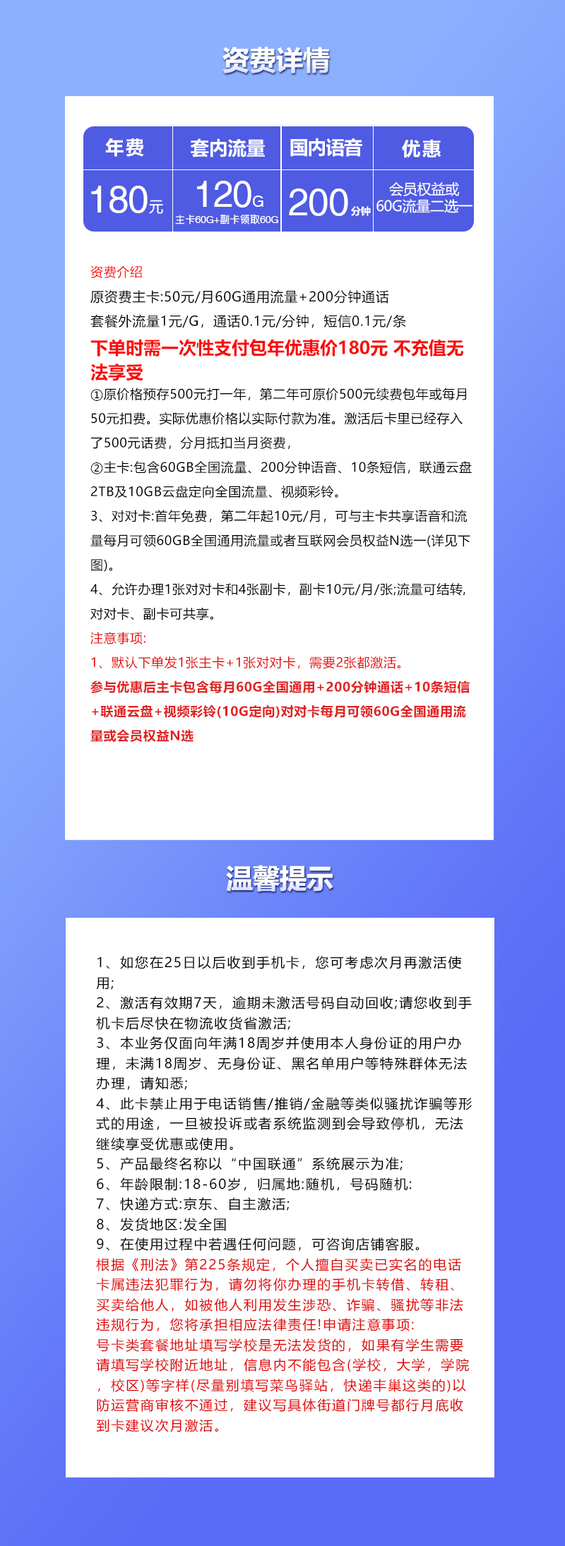 联通主副卡180元包年