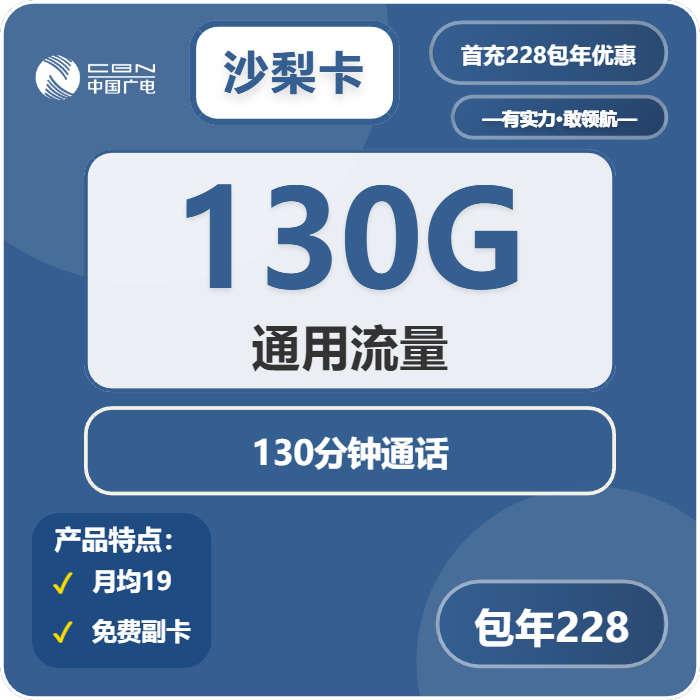广电沙梨卡228元包年每月130G通用+130分钟通话