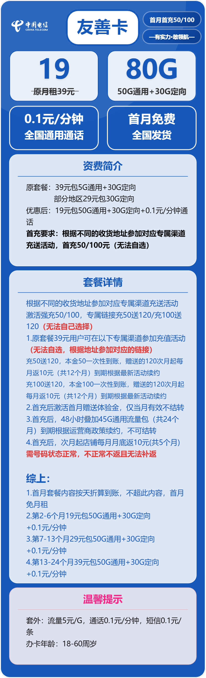 电信友善卡19元包50G通用+30G定向+通话0.1元/分钟